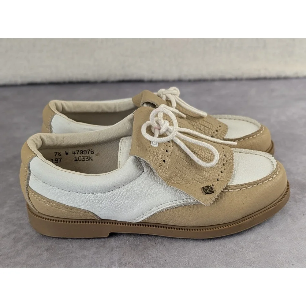 Eastland Womens 7.5 W Leather Golf Shoes Tan White Kiltie Oxford Spiked 1033N